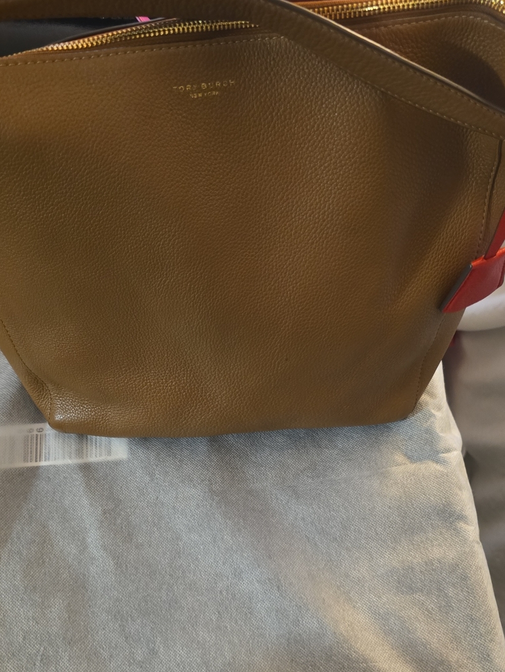 Tory Burch Tan Pebbled Leather Shoulder Bag with Red Accent